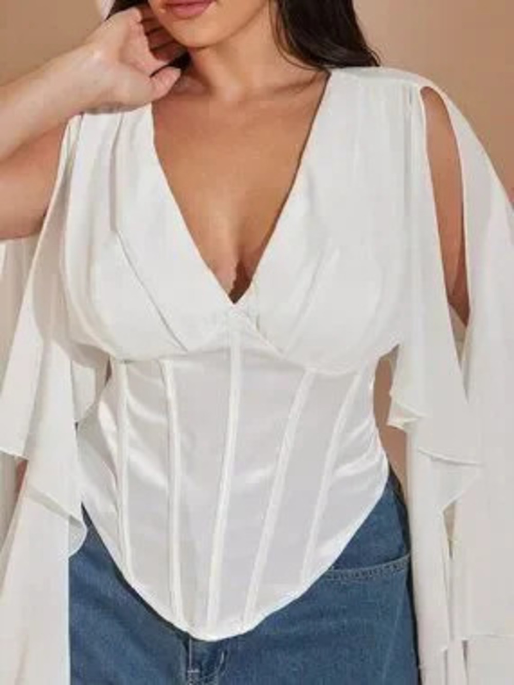White Elegant Women's Slim Plus Size Asymmetrical Cropped Chiffon Top